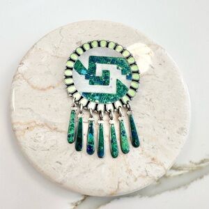 Vintage Jeronimo Fuentes Taxco Enamels Aztec Design 925 Sterling Pendant Brooch